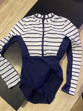 Tommy Bahama Navy & White Striped Long Sleeve One-Piece